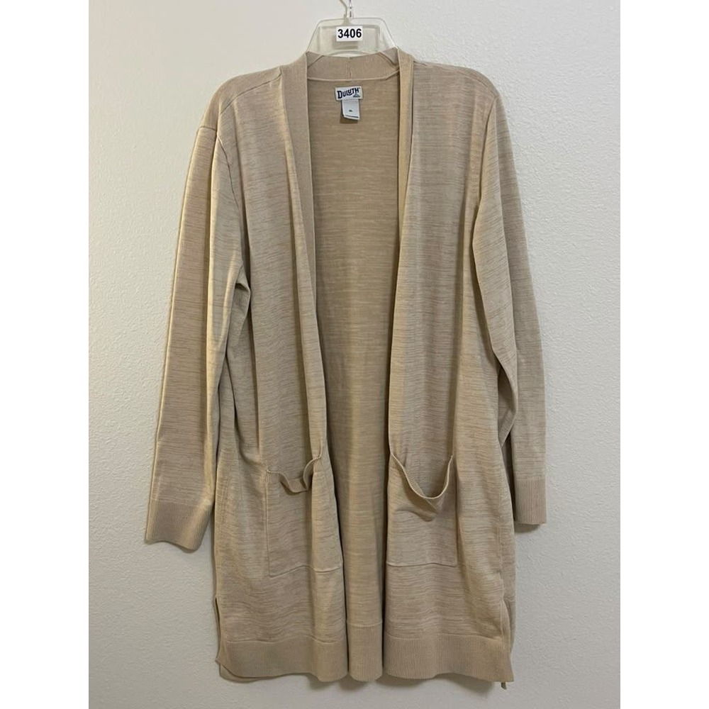 Duluth Trading Co Womens XL Beige Cotton Open Front Longline Cardigan Pockets